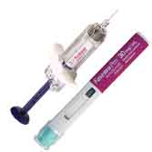 An injectable syringe and a medical pen injector are displayed side by side against a white background. The syringe has a needle cap, while the pen injector appears labeled with medical information.