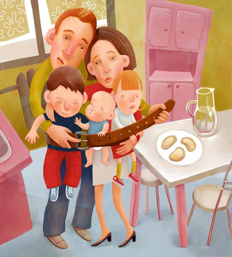 Food Allergies and Food Insecurity in America 1 A cartoon family stands in a kitchen, each holding a portion of a large belt. The father, mother, and three children are illustrated with exaggerated features, and there are three cookies on the table next to a glass jug.