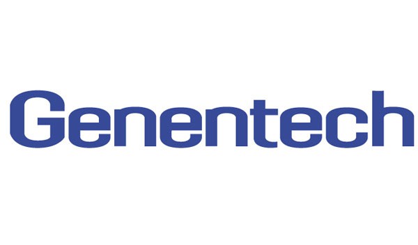 The image shows the Genentech logo, featuring the word "Genentech" in blue, stylized, bold font on a white background.