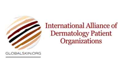 Logo of the GlobalSkin organization featuring a globe with various skin-toned stripes. Text reads: "International Alliance of Dermatology Patient Organizations" and "GLOBALSkin.org".