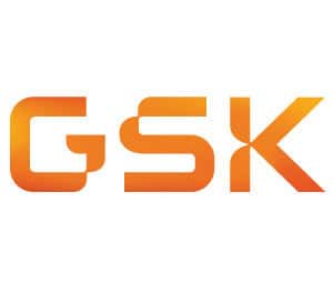 The image shows the GSK logo with the letters "GSK" in a bold, modern orange font on a white background.