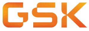 The image shows the GSK logo in bold, uppercase letters with a gradient orange color on a white background.