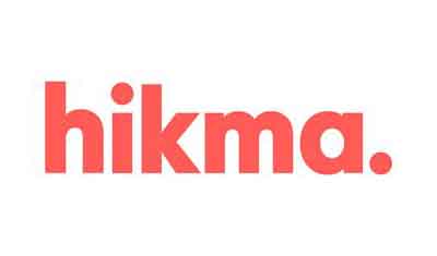 The image shows the word "hikma" in lowercase, bold red-orange lettering on a white background.