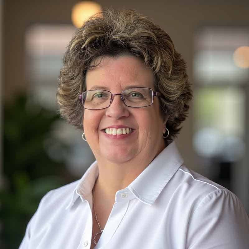 Smiling middle-aged woman with short curly hair and glasses, wearing a white collared shirt, standing indoors with soft lighting and a blurred background.