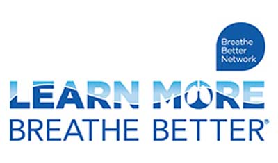 Logo featuring the text "LEARN MORE BREATHE BETTER" in blue, with stylized lungs forming the "O" in "MORE." In the top right corner, a blue speech bubble contains the words "Breathe Better Network.