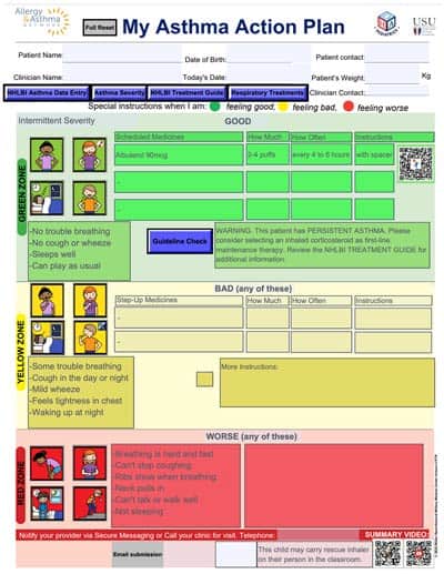 Asthma action plan form with sections for personal details, medication instructions, and colored zones indicating different levels of asthma symptoms: green for good, yellow for caution, and red for bad. Includes emergency contact instructions.
