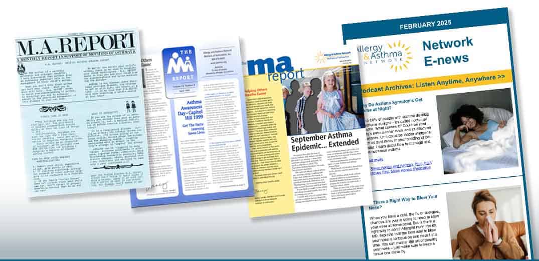 A collage of newsletters featuring different designs and formats. The newsletters include text, images, and headlines related to asthma and allergy topics, with varying shades of blue, yellow, and white prominent throughout.