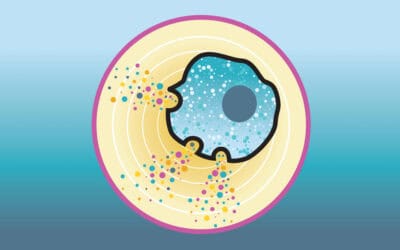 Illustration of a stylized cell cross-section with a blue nucleus and multicolored particles. The cell is surrounded by a circular membrane, and the background features gradient shades of blue.