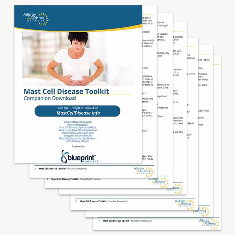 A stack of documents titled "Mast Cell Disease Toolkit Companion Download" featuring a person holding their abdomen. Includes details for accessing the full toolkit online. Logos for Allergy & Asthma Network and Blueprint Medicines are visible.