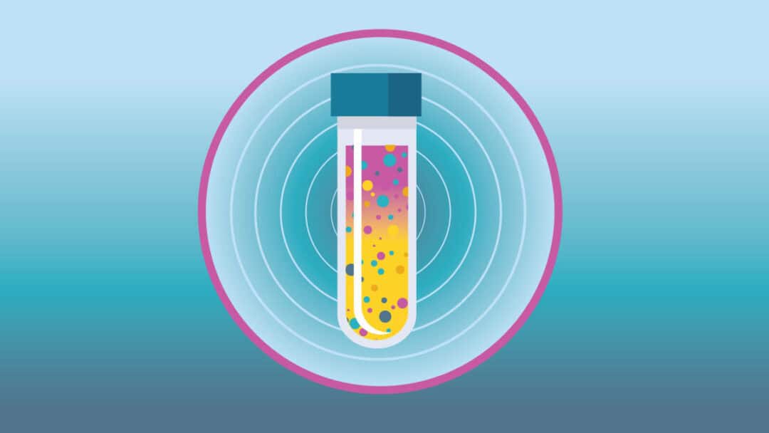 Illustration of a test tube filled with a colorful, layered liquid, with pink, yellow, and purple hues. The tube is surrounded by concentric circles on a light blue gradient background.