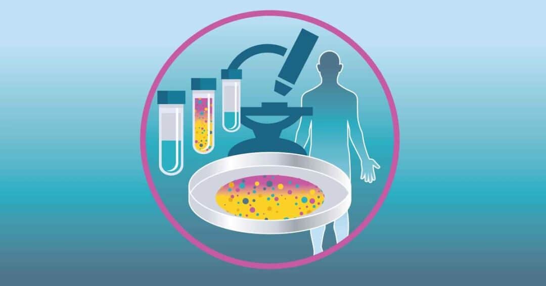 Illustration of a microscope, test tubes, and a petri dish with colorful samples, overlaid on a silhouette of a human figure. The image is set within a pink-bordered circle against a gradient blue background, symbolizing scientific research.