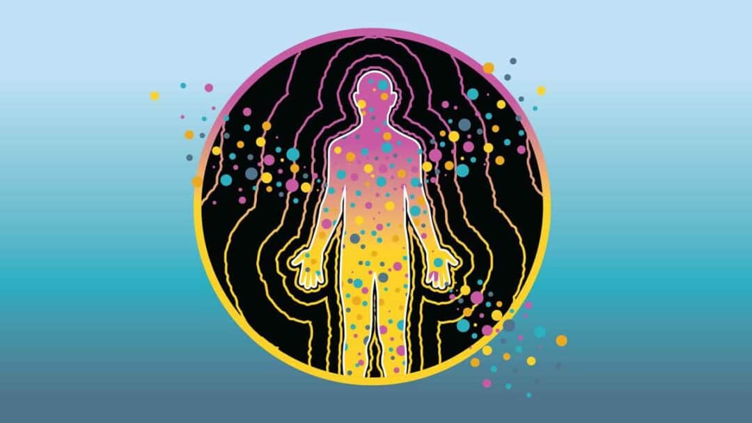 Illustration of a human silhouette, symbolizing Mast Cell Disease, filled with colorful dots and outlined by wavy, radiating lines. The background features a gradient of light blue with scattered dots around the circle, contributing to an abstract, energetic effect.