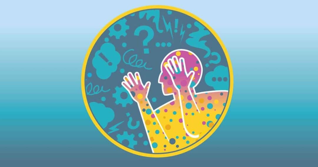 Illustration of a person with colorful dots, holding their head in distress. The background features question marks, exclamation marks, gears, and lightning bolts, symbolizing confusion or anxiety.