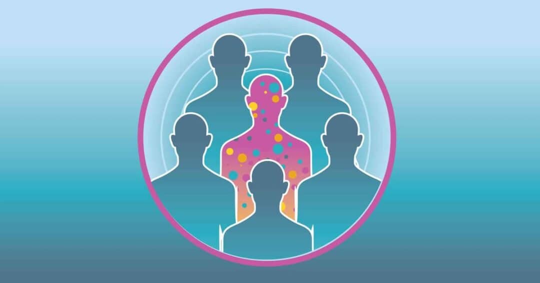 Illustration of silhouettes arranged in a circle, with one silhouette in the center. The central figure is colorful with various dots, while the others are plain blue. The background features concentric circles.
