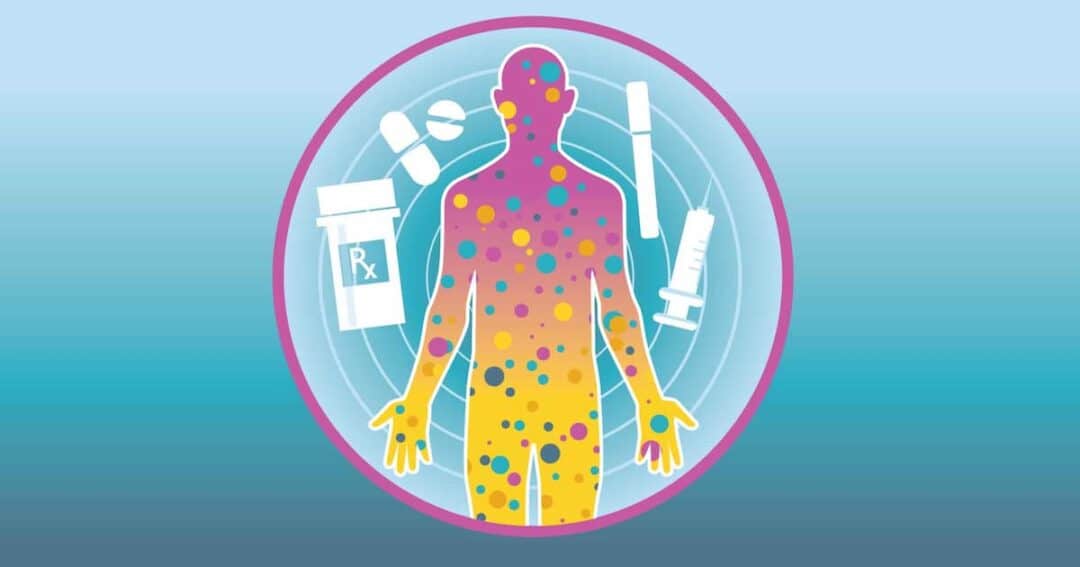 Illustration of a human silhouette with colorful dots, surrounded by medical items like pills, a bottle labeled "Rx", a syringe, and a medical vial. The background has concentric circles, suggesting a focus on medicine or health.