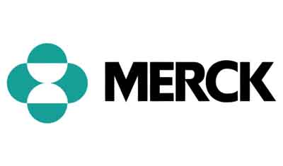 The image shows the Merck logo, featuring a teal geometric design to the left and the word "MERCK" in bold black capital letters to the right.