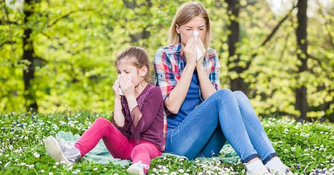 Grass Allergy 2 A woman and a young girl sit on a blanket in a field, surrounded by green trees and flowers. Both are blowing their noses, suggesting they are experiencing allergies. The scene is bright and suggests a spring or summer setting.