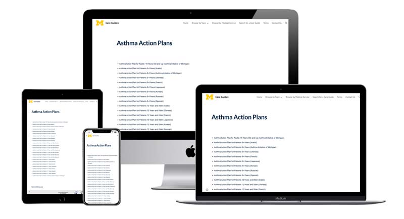 A computer screen, laptop, tablet, and smartphone display a webpage titled "Asthma Action Plans" with a list of links. The page header includes a yellow logo. The devices are shown on a white background.