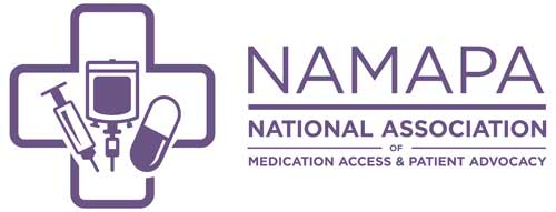 Logo of the National Association of Medication Access & Patient Advocacy (NAMAPA). It features a purple cross with a syringe, IV bag, and capsule on the left, next to the organization's name on the right.