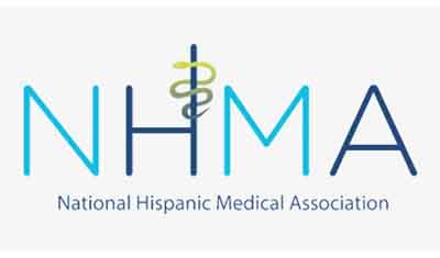 Logo of the National Hispanic Medical Association featuring the acronym "NHMA" in large letters, with a medical caduceus symbol integrated into the "H". Below, the full name of the organization is displayed.