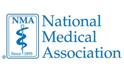 Logo of the National Medical Association featuring a stylized medical symbol with a snake and staff. The text reads "NMA" and "National Medical Association Since 1895" in blue.