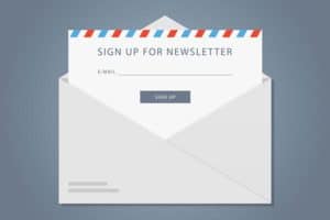 Illustration of an open envelope with a newsletter signup form partially visible inside. The form features a space to enter an email address and a "Sign Up" button, with decorative red and blue stripes at the top.