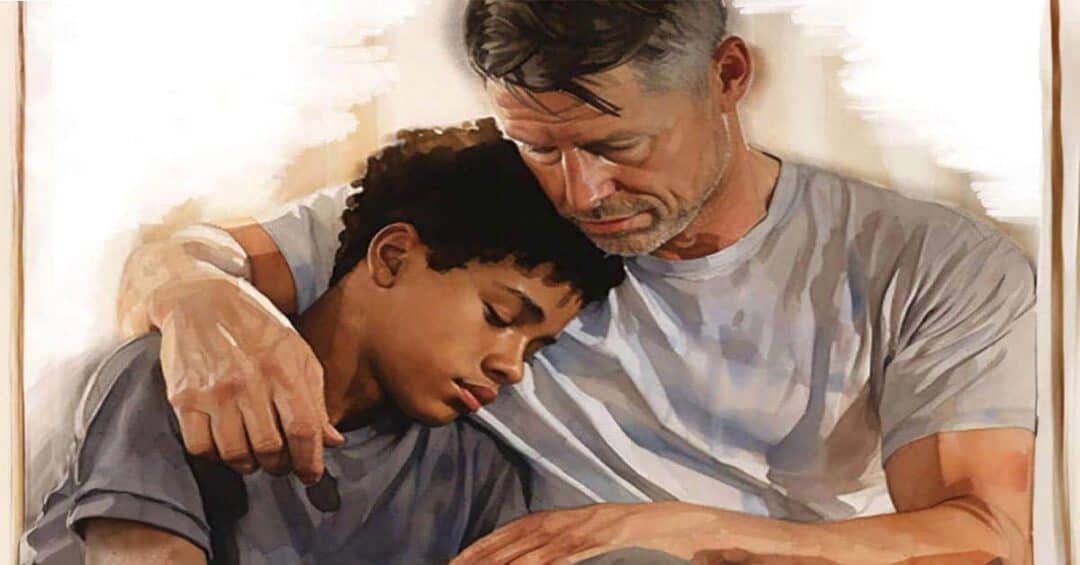 A painting of a man and a child sitting together. The man is embracing the child, who rests their head on the man's chest. They both wear casual shirts and appear calm and serene, with gentle expressions.