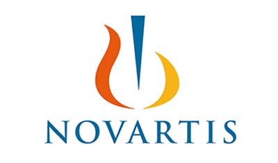Logo of Novartis featuring a stylized orange and yellow flame design with a vertical blue element at the center above the brand name "Novartis" in blue capital letters.