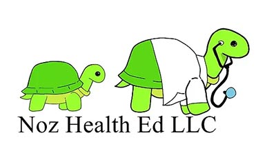 Two cartoon turtles are featured. One turtle is small and green, while the other wears a white coat and stethoscope. "Noz Health Ed LLC" is written below them.