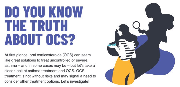 Two silhouetted figures analyze data and medication capsules. Bold text reads, "Do you know the truth about OCS?" Below, smaller text discusses the pros and cons of oral corticosteroids for asthma treatment.