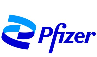 The image shows the Pfizer logo, featuring a stylized blue helix design next to the word "Pfizer" in blue text.