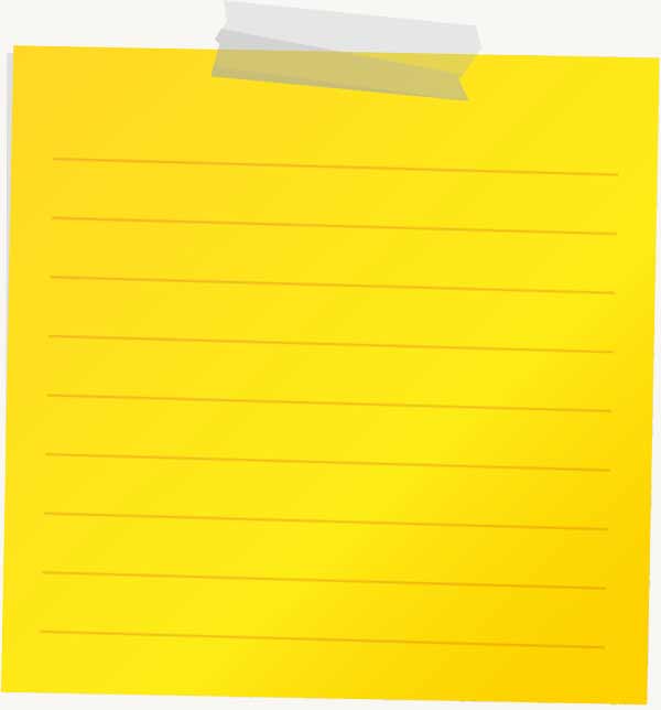 A yellow, lined sticky note is taped at the top with a piece of transparent tape. The note is blank and has horizontal lines for writing.