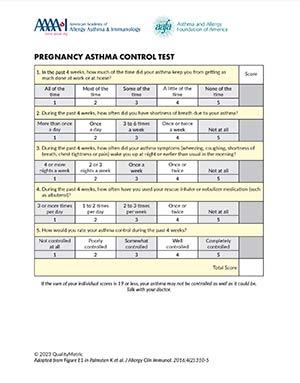 Asthma and Pregnancy 4 An asthma control test for pregnant women, featuring a table with questions about asthma symptoms and management. It includes columns for frequency responses and scores, with a total score section at the bottom. Logos at the top indicate medical organizations.