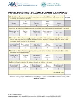 Asthma and Pregnancy 5 An asthma control test in Spanish, featuring questions about breathing difficulty during pregnancy over a four-week period, with response options numbered from 1 to 5 and a scoring guide at the bottom. Logos from AAAAI and AAFA are at the top.