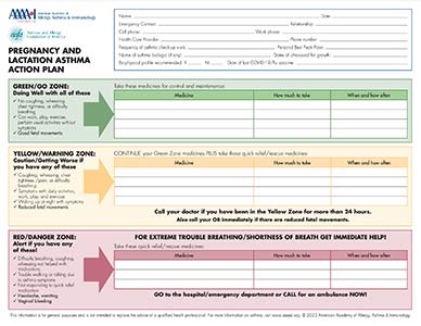 Asthma and Pregnancy 6 A pregnancy and lactation asthma action plan chart. It includes sections for patient information, and zones in green (Doing Well), yellow (Getting Worse), and red (Medical Alert) with instructions and spaces for listing medications and emergency contacts.