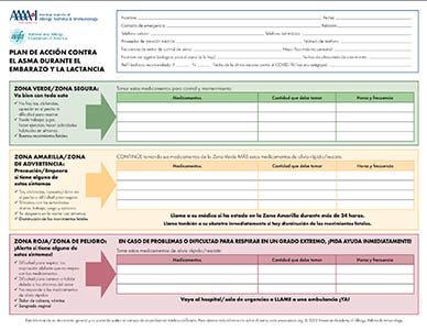 Asthma and Pregnancy 7 Asthma action plan chart for pregnancy and breastfeeding in Spanish. Includes green, yellow, and red zones with sections for medication, symptoms, and emergency steps. Features fields for patient and doctor information.