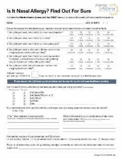 Image of a nasal allergy questionnaire form titled "Is it Nasal Allergy? Find Out For Sure." The form includes sections for personal information and questions about nasal allergy symptoms and their frequency, with rating options ranging from "Never" to "Always.