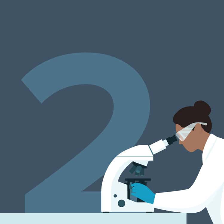 Illustration of a person wearing safety glasses and blue gloves looking through a microscope. A large number "2" is visible in the background against a dark blue surface.