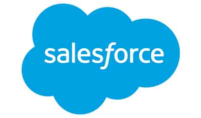 Salesforce logo featuring the word "salesforce" in white lowercase letters centered on a blue cloud shape background.