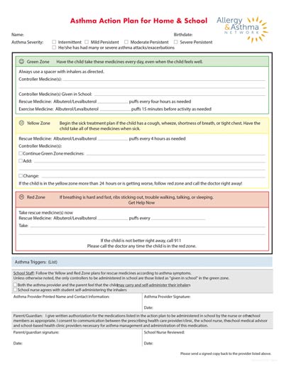 An Asthma Action Plan form detailing steps for managing asthma at home and school. It includes sections marked as green, yellow, and red zones, with specific instructions for each. There's a space for listing medications and triggers.