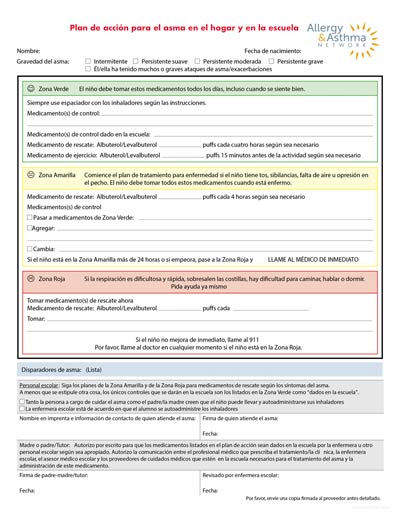 A Spanish-language asthma action plan chart titled "Plan de acci&oacute;n para el asma en el hogar y en la escuela." It includes sections with color codes: green, yellow, and red, detailing the steps and medications for varying asthma severity. Logos on the top right.