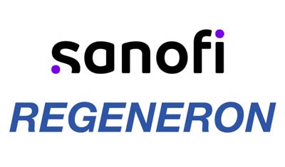 Logos of two companies: "sanofi" in black with purple dots on the "s" and "i," and "REGENERON" in blue, below the sanofi logo.