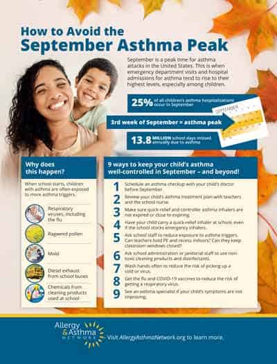 Infographic titled "How to Avoid the September Asthma Peak" with tips for managing asthma, statistics about September asthma attacks, and reasons for increased occurrences. Includes an image of a smiling parent and child, autumn leaves, and Allergy & Asthma Network info.