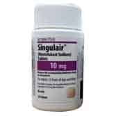 A small white bottle with a purple label displaying "Singulair" and "10 mg." The label also lists "Montelukast Sodium," and the bottle is designed for oral tablets.