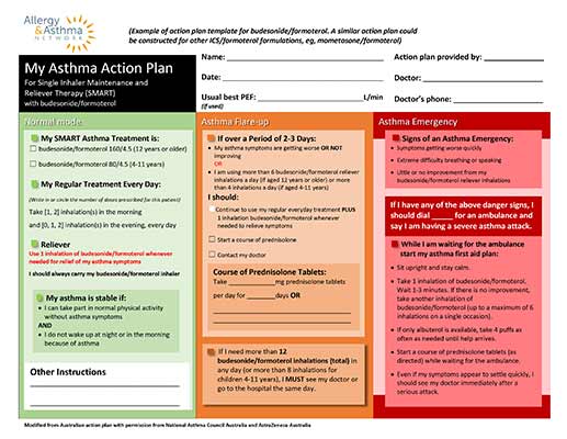 Image of an asthma action plan chart. It consists of sections for normal control, asthma flare-up, and emergency responses. Each section provides instructions based on symptoms and includes medication dosages and steps to take in case of worsening conditions.