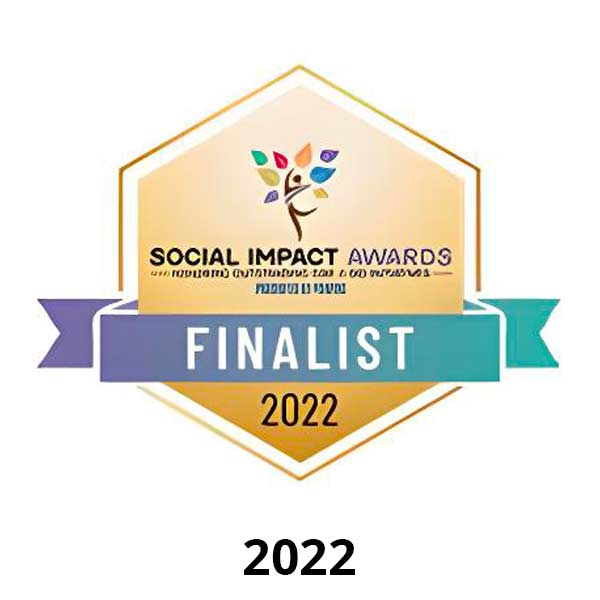 Hexagonal badge with a colorful tree above the text "Social Impact Awards." A purple ribbon reads "Finalist" across the center. The number "2022" is below the ribbon.