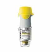 A gray and yellow inhaler with a clear bottom section. The label shows dosage information and text. The inhaler is upright against a white background.