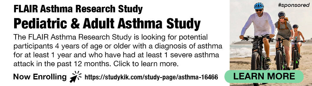 Advertisement for a pediatric and adult asthma research study, seeking participants aged 4+ with an asthma diagnosis. Features text details, a link, and a photo of two people biking on a trail.