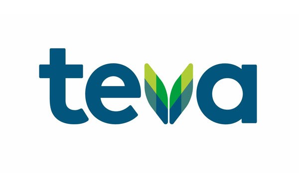 The image shows the Teva logo, written in lowercase blue letters. The "v" is stylized with two green leaves, giving it a nature-inspired look. The background is white.