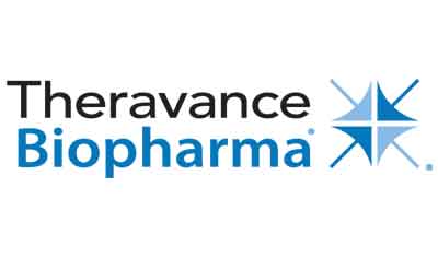 The image shows the Theravance Biopharma logo, featuring the company name in black and blue text with a blue geometric star-like design on the right.